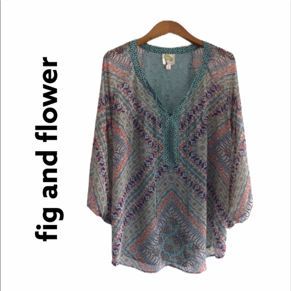 ANTHROPOLOGIE Fig & Flower Multicolored Sheer Top With 3/4 Puff Sleeves